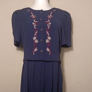 VTG Miss Doby Navy Blue Floral Embroidered Dress